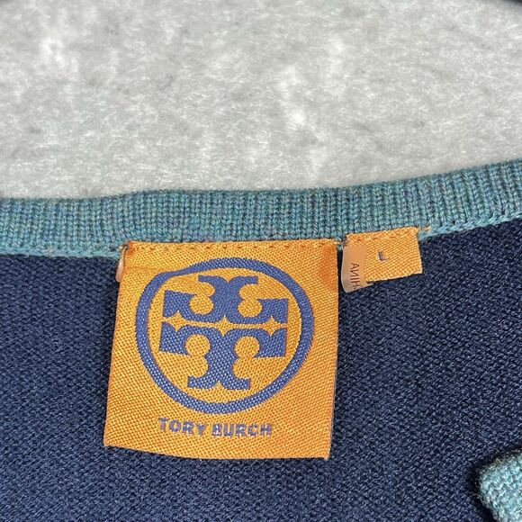 Tory Burch Knit Tunic Sweater Size Large Wool Cashmere Blend Navy Blue Striped - Picture 8 of 10